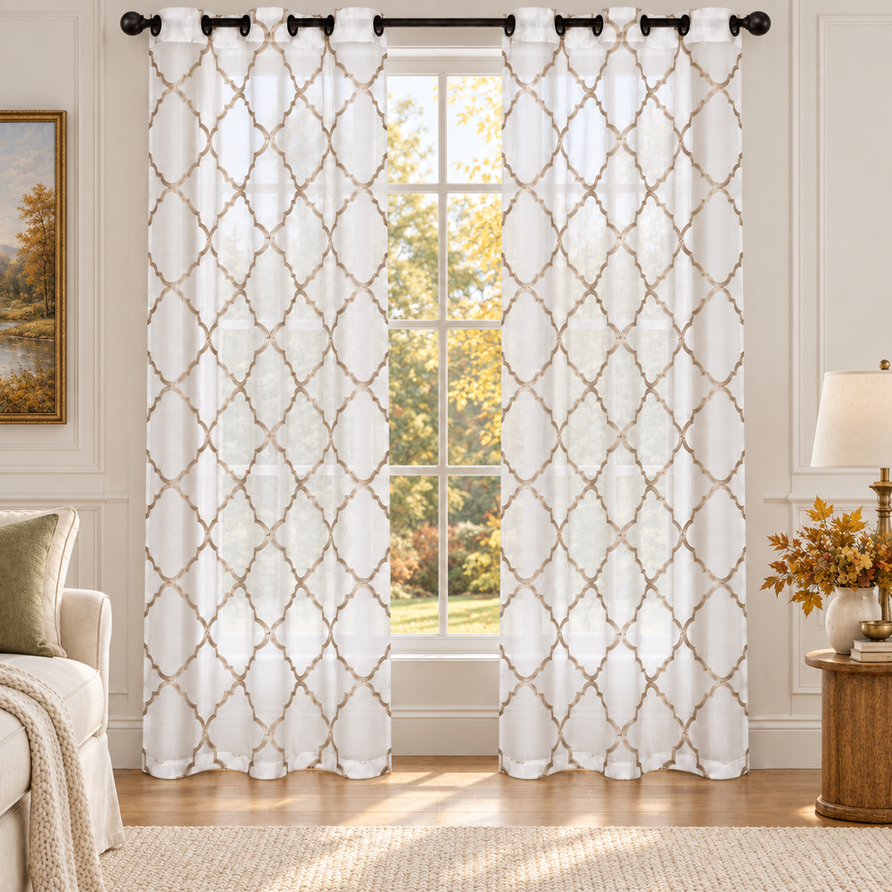 Kate Aurora white semi-sheer curtains with linen-colored clover embroidery in a sunlit autumn room