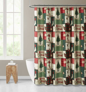 Kate Aurora Merry Christmas Evergreens & Ornamets Plaid Farmhouse Fabric Shower Curtain