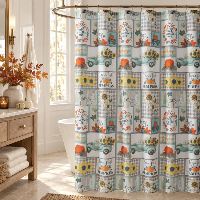 Kate Aurora Autumn Accents Plaid Patchwork Fall Pick Up Trucks & Pumpkin Patch Fabric Shower Curtain - Standard Size