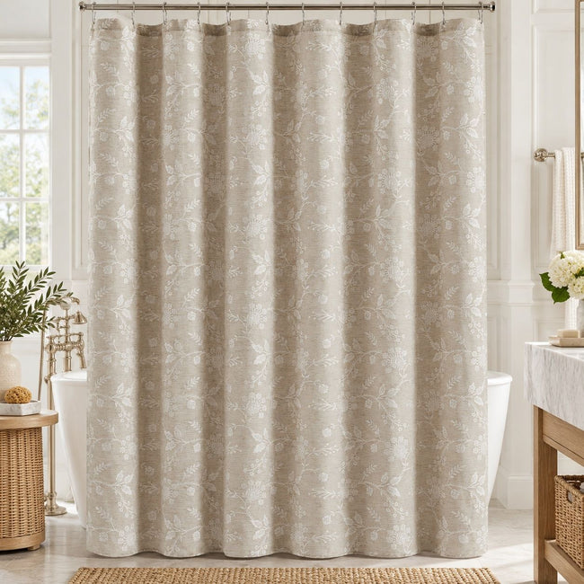 Kate Aurora Heirloom Garden Linen Blend Jacquard Shower Curtain in Oatmeal