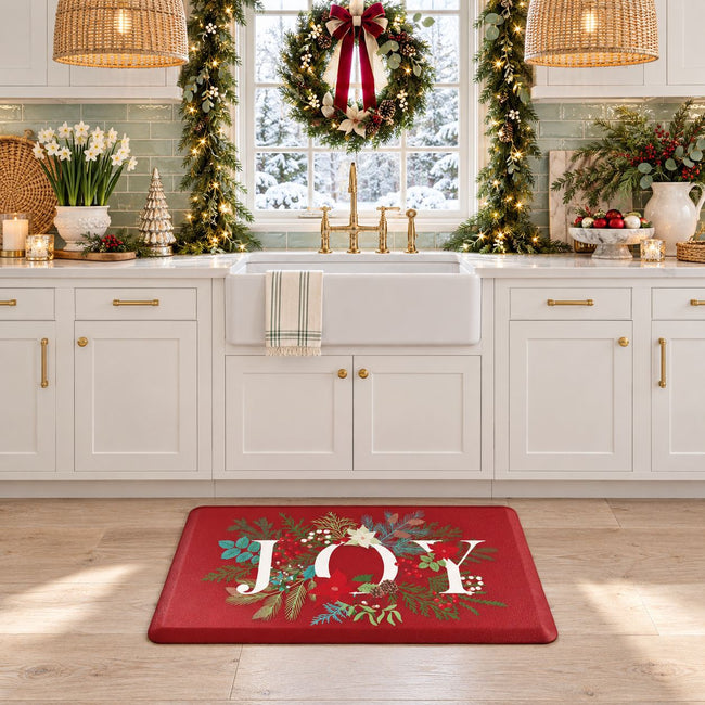 Kate Aurora Red Christmas Joy Heavy Duty Anti Fatigue Non-Skid Memory Foam Kitchen Floor Mat - 18 in. W x 30 in. L
