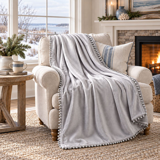 Kate Aurora Ultra Soft & Premium Plush Oversized Pom Pom Accent Fleece Throw Blanket - 50 in. W x 70 in. L - Silver