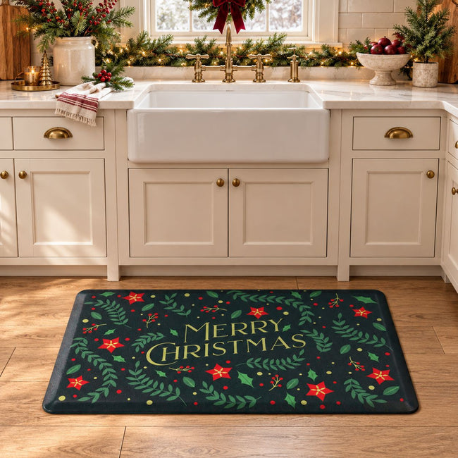 Kate Aurora Merry Christmas Heavy Duty Anti Fatigue Non-Skid Memory Foam Kitchen Floor Mat - 18 in. W x 30 in. L