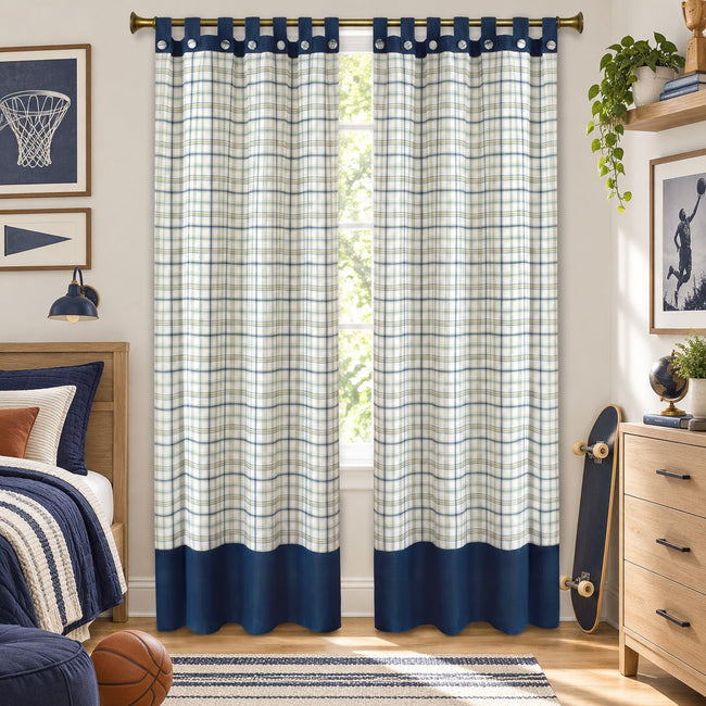 Kate Aurora 1 Piece Joshua Plaid Tattersall Tab Top Window Curtain Panel - 84 in. Long