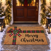 Kate Aurora Merry Christmas Plaid Ribbon Bristled Coir Outdoor Welcome Mat - 18"x30"