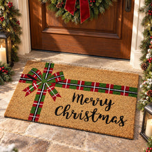 Kate Aurora Merry Christmas Plaid Ribbon Bristled Coir Outdoor Welcome Mat - 18"x30"