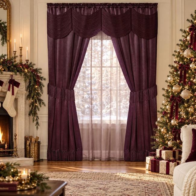 Kate Aurora Hailey Ultra Lux Attached 6 Piece Vintage Merlot Window Curtain Panels And Valance Set
