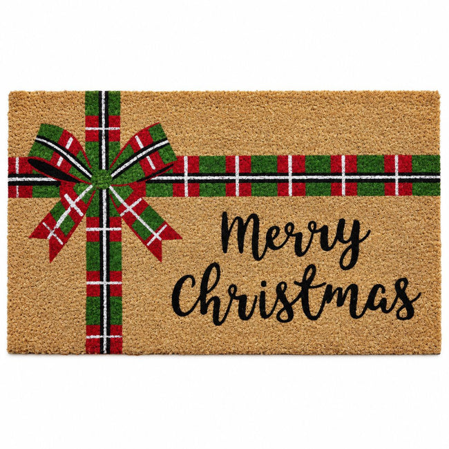 Kate Aurora Merry Christmas Plaid Ribbon Bristled Coir Outdoor Welcome Mat - 18"x30"