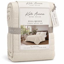 Kate Aurora Ultra Plush 3 Piece Lux Beige Ribbed Quilt Set - Full/Queen