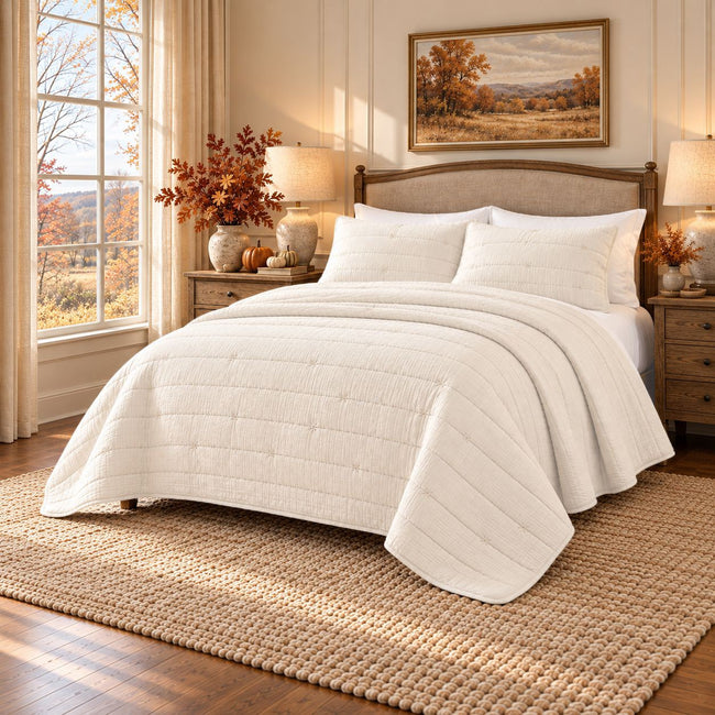 Kate Aurora Ultra Plush 3 Piece Lux Beige Ribbed Quilt Set - Full/Queen