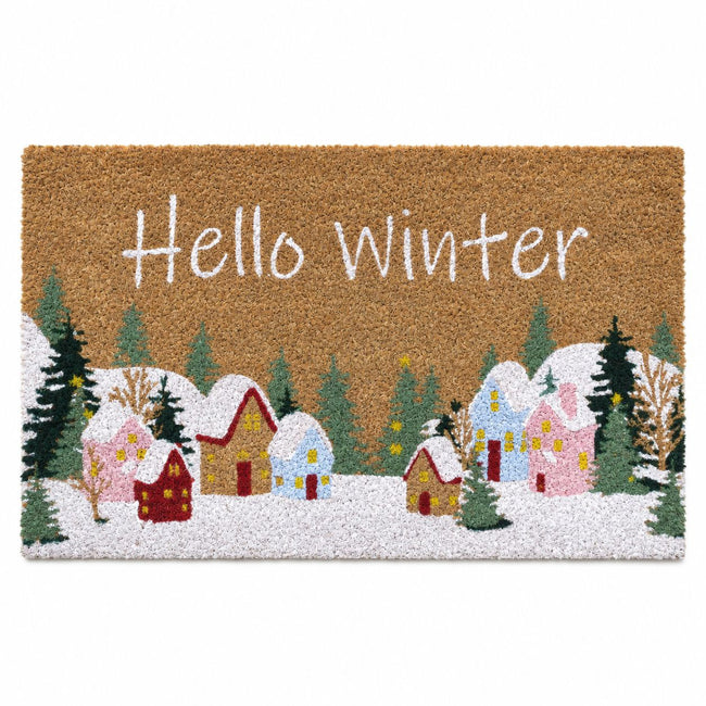Kate Aurora Hello Winter Christmas Bristled Coir Outdoor Welcome Mat - 18"x30"