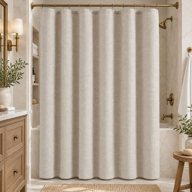 Kate Aurora Serene Haven Wellness Spa Linen Blend Fabric Shower Curtain in Oatmeal