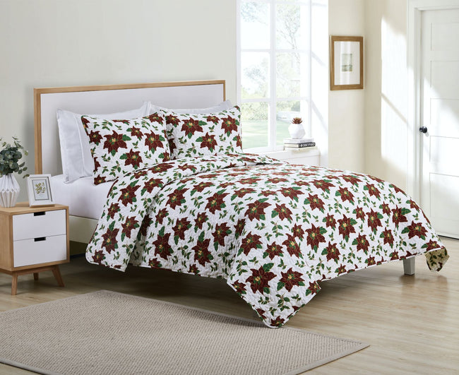 Kate Aurora Holiday Living 3 Piece Christmas Poinsettia Quilt Blanket Set - Full/Queen