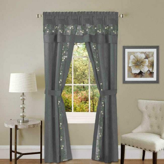 Kate Aurora Complete 5 Piece Embroidered Floral Attached Window in a Bag Sheer Curtain Set - Gray - 63 in. Long
