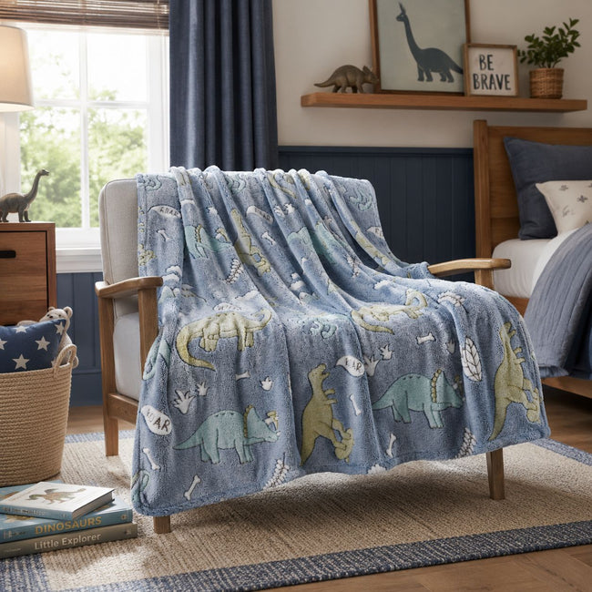 GoodGram Glow in the Dark Blue Dinosaur & Friends Ultra Plush Juvi Fleece Accent Throw Blanket - 50 in. X 60 in.