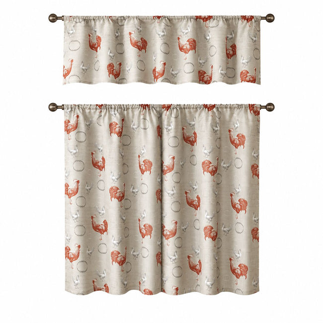 Kate Aurora Country Farmhouse Red Rooster Barn 3 Piece Kitchen Curtain Tier & Valance Set - 56 in. W x 15 in. L, Red