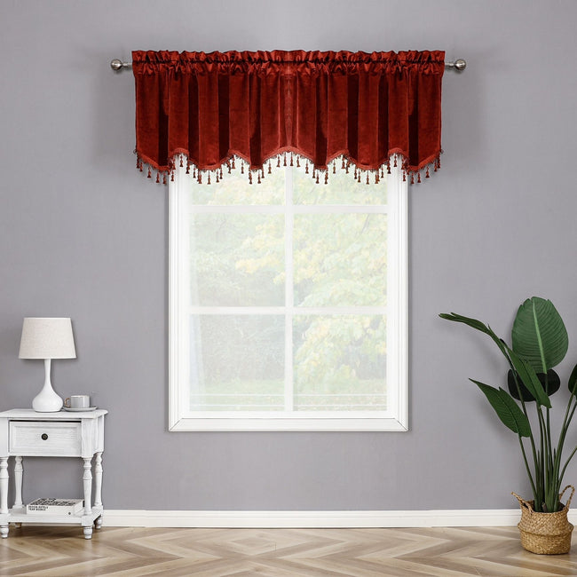 Kate Aurora Royal Living 2 Pack Beaded Tassel Trimmed Rod Pocket Velvet Window Valances - Burgundy
