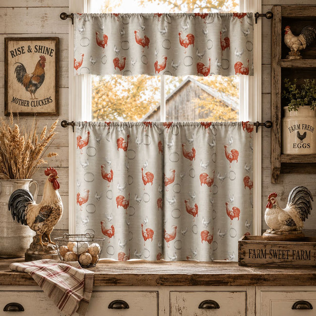 Kate Aurora Country Farmhouse Red Rooster Barn 3 Piece Kitchen Curtain Tier & Valance Set - 56 in. W x 36 in. L