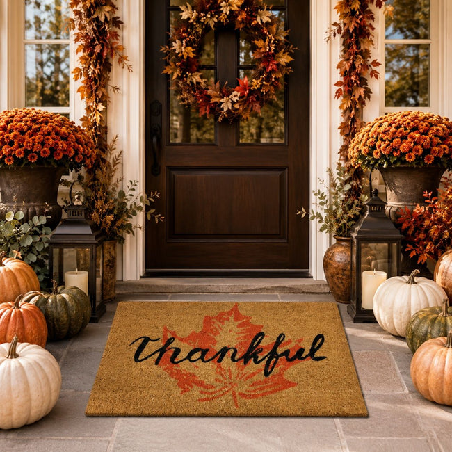 Kate Aurora Fall Harvest Thankful Leaf Bristled Outdoor Welcome Mat - 18"x30"