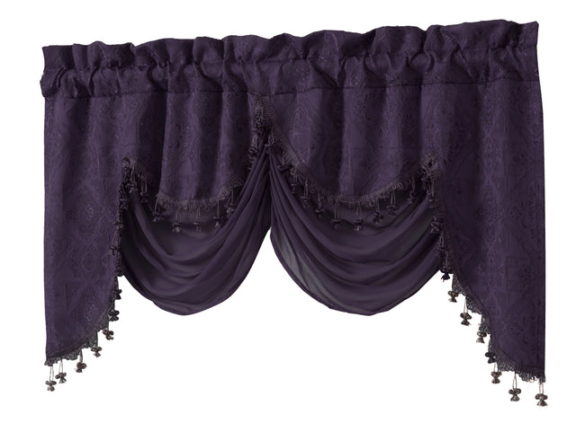 Kate Aurora Georgina Ultra Luxurious Raised Jacquard And Fringed Trimmed Austrian Window Valance - 52 in. W x 28 in. L, Purpl