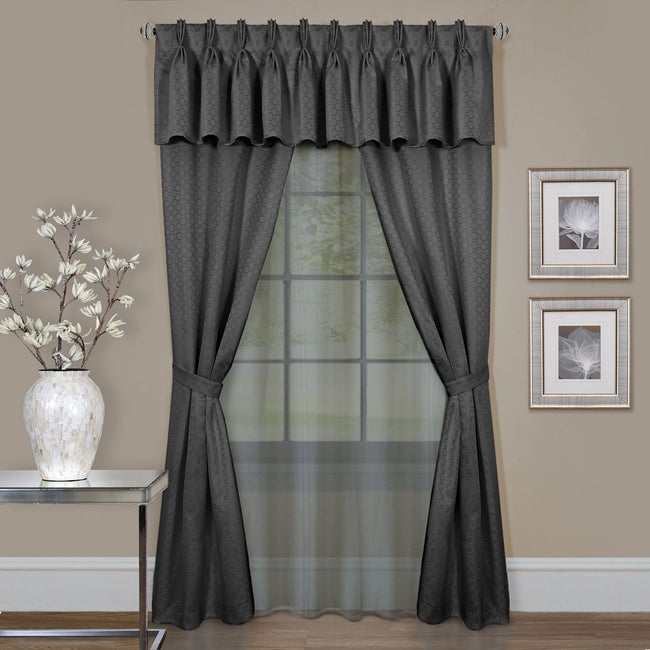 Kate Aurora Complete 6 Piece Attached Custom Jacquard & Sheer Window Curtain Set - 84 in. Long - Charcoal