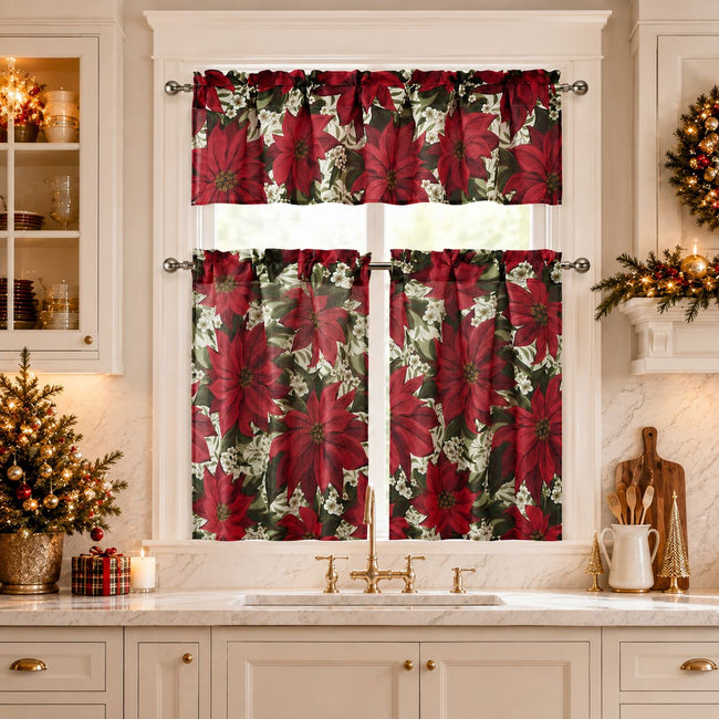 Kate Aurora Holiday Classic Poinsettia Christmas 3 Pc Kitchen Curtain Tier & Valance Set - 57 in. W x 36 in. L