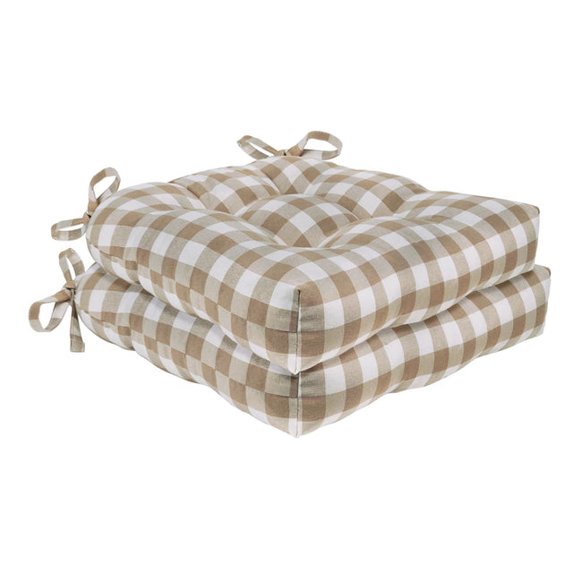 Kate Aurora Set of 2 Country Farmhouse Plaid Stain/Water Resistant Chair Cushions - Linen