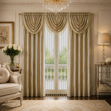 Kate Aurora 6 Piece Maison Estate Collection Semi Sheer Window Curtains & Beaded Valance Set - Royal Gold