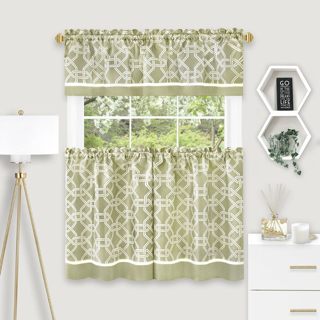 Kate Aurora Geometric Crescent 3 Piece Rod Pocket Cafe Kitchen Curtain Tier & Valance Set - 36 in. Long - Green