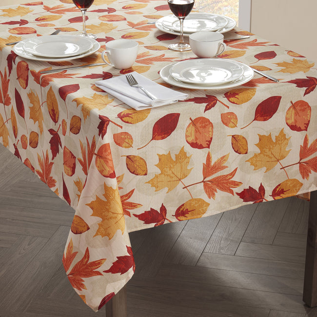 Kate Aurora Autumn Fall Harvest Scattered Leaves Fabric Tablecloth - 8-10 Chairs