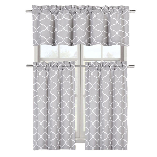 Kate Aurora Shabby Lattice Cotton Blend Kitchen Curtain Tier & Valance Set - 56 in. W x 36 in. L, Gray