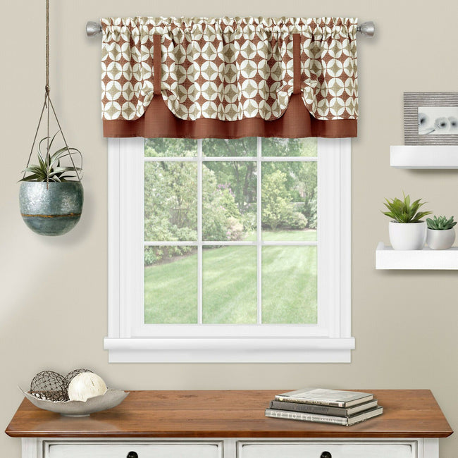 Kate Aurora Modern Geometric Button Tuck Layered Rod Pocket Window Valance - 56 in. W x 15 in. L, Spice