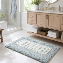 Kate Aurora Dorm Basics “Get Naked" Aqua Blue Typography Soft Tufted Oversized Bath Rug - 20” x 32”