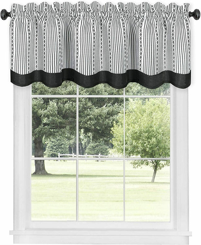 Kate Aurora Living Country Farmhouse Striped Window Valance Curtain Treatments - 58 in. W x 14 in. L, Black