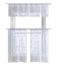 Kate Aurora Floral Embroidered Sheer Rod Pocket Kitchen Curtain Tier & Valance Set - 58 in. W x 15 in. L, White