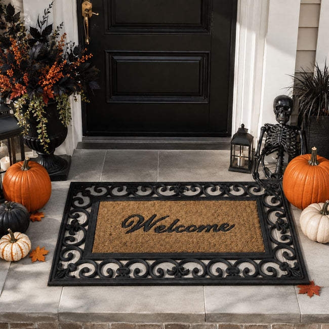 Kate Aurora 18"x30" Rectangular Fleur De Lis Outdoor Heavy Duty Rubber & Coir Skid Resistant Welcome Door Mat - Black