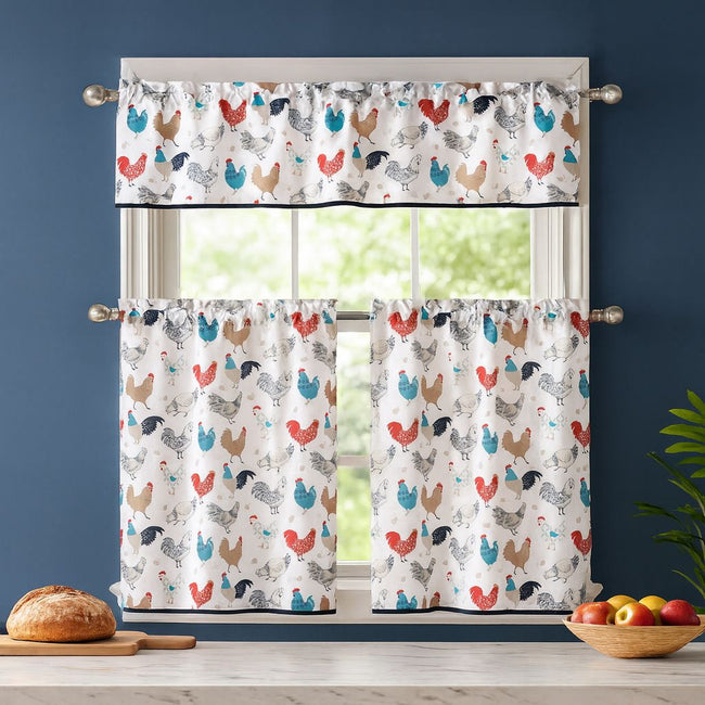 Kate Aurora 3 Piece Cafe Rod Pocket Autumn Country Rooster Kitchen Curtain Tier & Valance Set - White