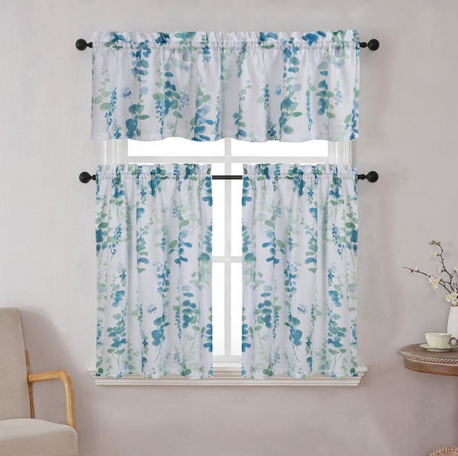 Kate Aurora Watercolor Floral Lillies Complete 3 Piece Rod Pocket Kitchen Curtain Tier & Valance Set - Teal