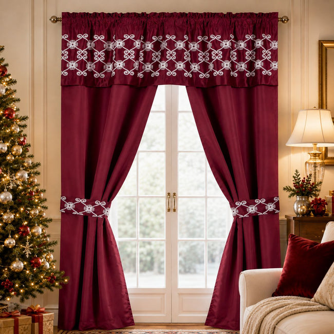 Kate Aurora Christmas Essentials 5 Piece Window in a Bag Burgundy Red Curtain & Valance Set