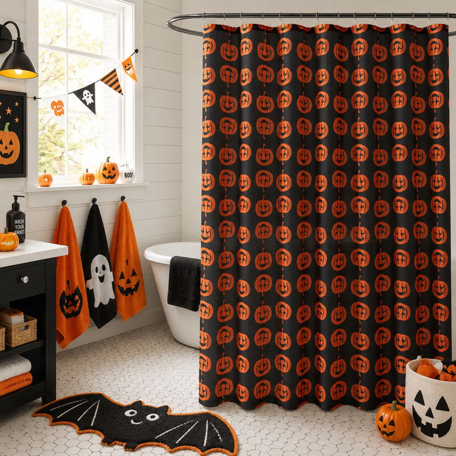 Kate Aurora Halloween Accents Black & Orange Spooky Jack O' Lanterns Fabric Shower Curtain - Standard Size