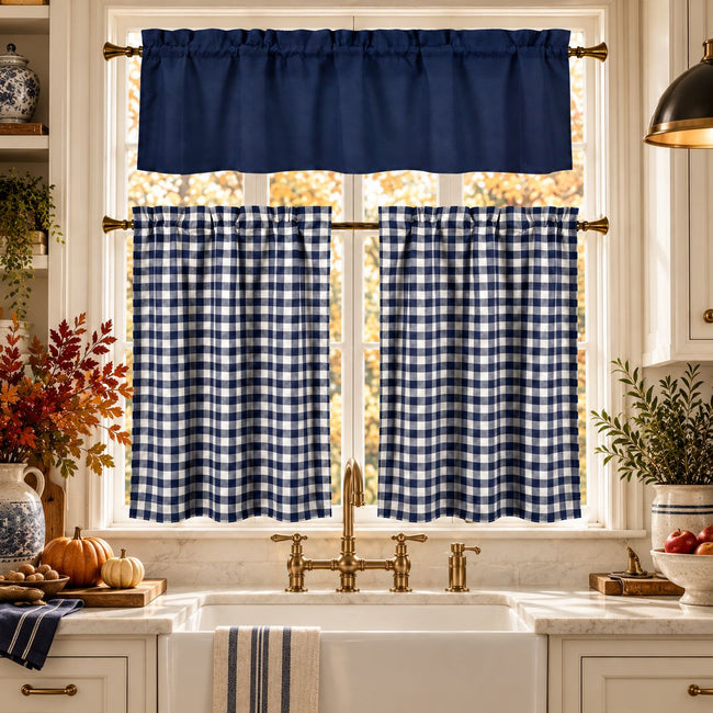 Kate Aurora Classic Farmhouse 3 Piece Navy Blue Buffalo Check Kitchen Curtain Tier & Valance Set