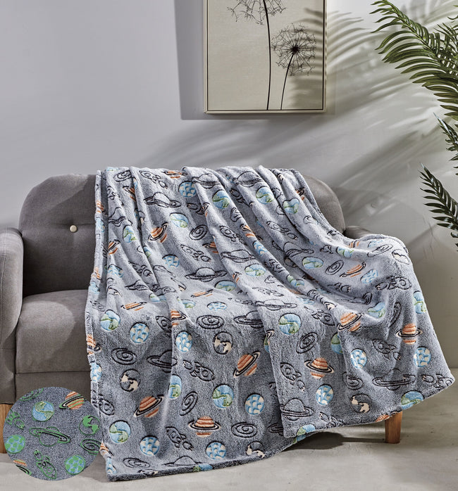 GoodGram Space Adventures Rocket Ships  & Planets Glow In The Dark Ultra Soft & Plush Fleece Accent Throw Blanket - 50 In. X 