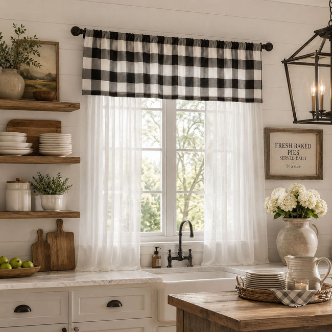 Kate Aurora 3 Piece Country Farmhouse Black And White Buffalo Plaid Sheer Curtains & Valance Set - 63 in. Long