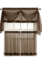 Kate Aurora Living Complete 4 Piece Linen Leaf Embroidered Complete Kitchen Curtain Set - 58 in. W x 36 in. L, Chocolate