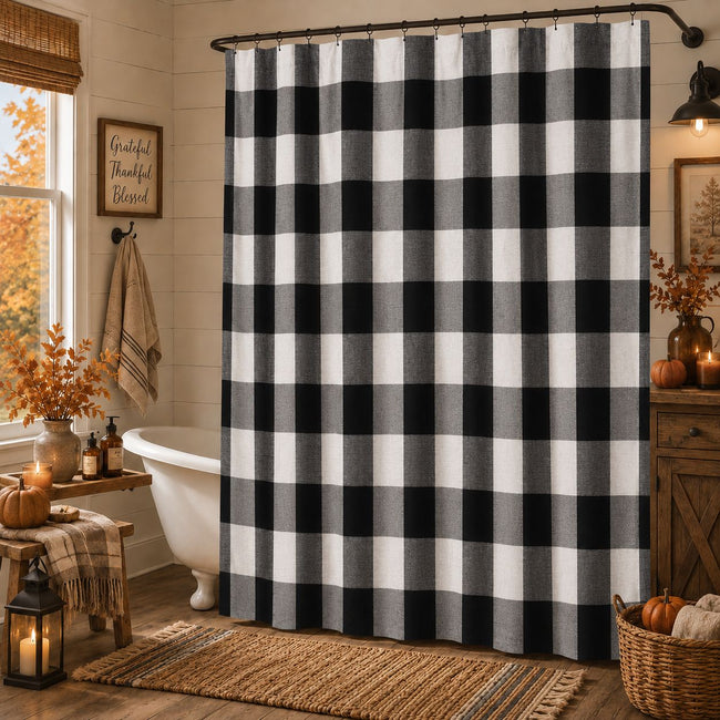 Kate Aurora Country Farmhouse Living Buffalo Plaid Checkered Black & White Fabric Shower Curtain - 72 in. W x 72 in. L