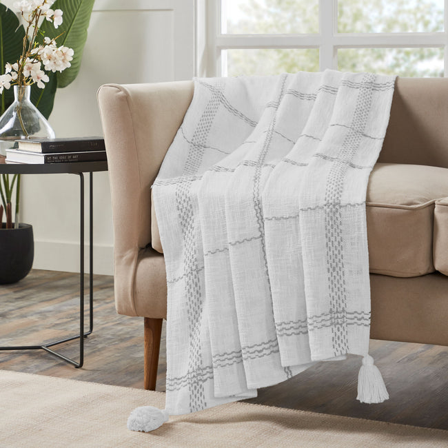 Kate Aurora Berkshire Cotton Plaid Fringed Accent Throw Blanket - 50 in. W x 60 in. L - Harbor Mist Gray