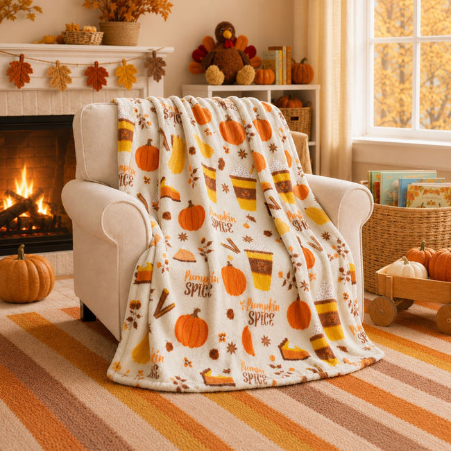 Kate Aurora Autumn Harvest Pumpkin Spice Lattes Ultra Soft & Plush Oversized Accent Throw Blanket