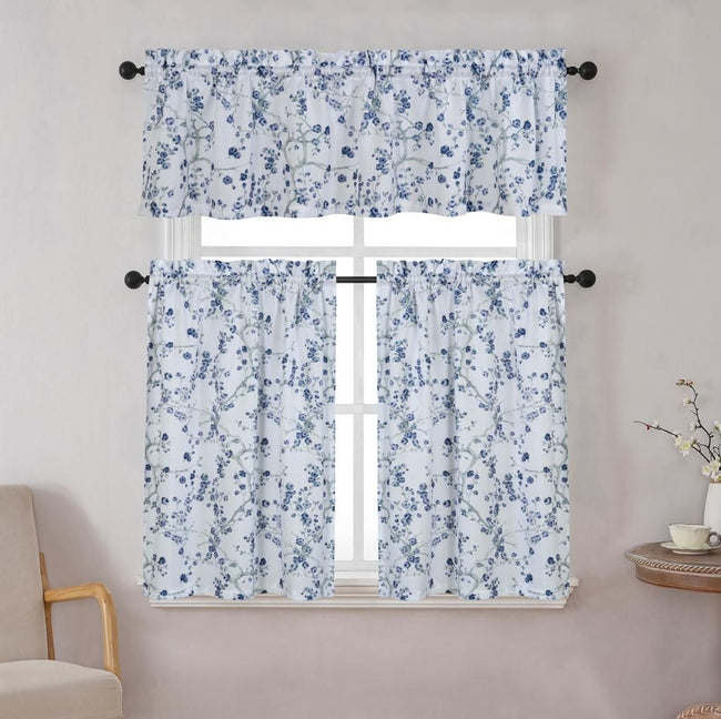 Kate Aurora Complete 3 Piece Rod Pocket Cherry Blossom Cafe Kitchen Curtain Tier & Valance Set - Blue