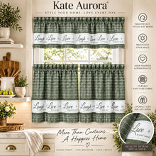 Kate Aurora Country Farmhouse Gingham Plaid Check Live~Laugh~Love 3 Pc Kitchen Curtain Set - 56 in. W x 24 in. L, Green