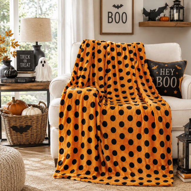 Kate Aurora Living Halloween Spooky Polka Dots Orange & Black Ultra Soft & Plush Throw Blankets